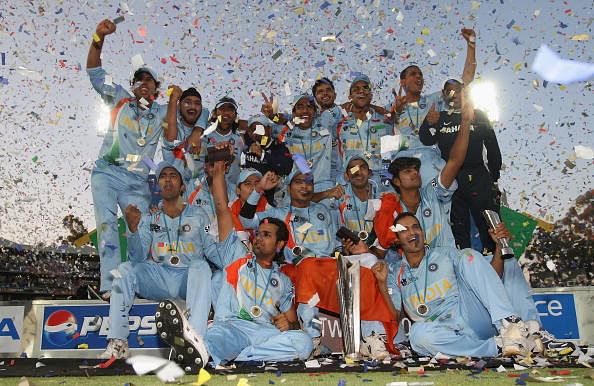 The Indian team celebrates with the trophy after the Twenty20 Championship Final match between Pakistan and India at The Wanderers Stadium on September 24, 2007